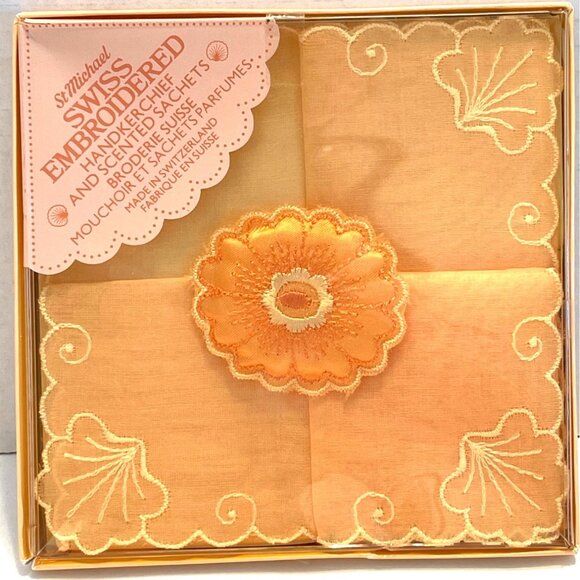 Vintage Swiss Embroidered Handkerchief Scented Sachet Set 100% Cotton Peach READ - Picture 5 of 12